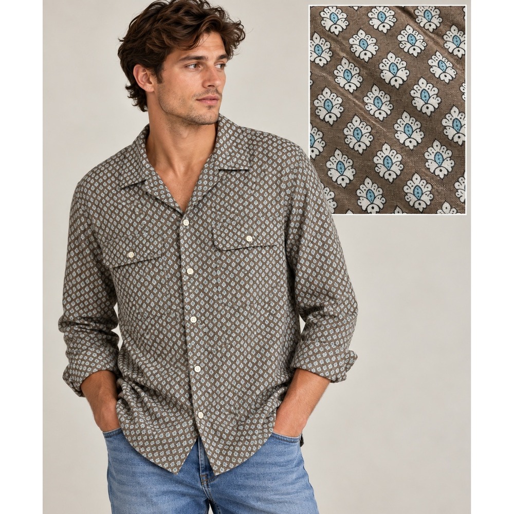 De Bonne Facture Mens M Brown Blue Floral Camp Collar Button Up Shirt Portugal